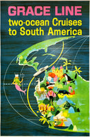 Original vintage Grace Line - Two-Ocean Cruises To South America linen backed travel and tourism cruise ship poster by artist Fleming, circa 1964.