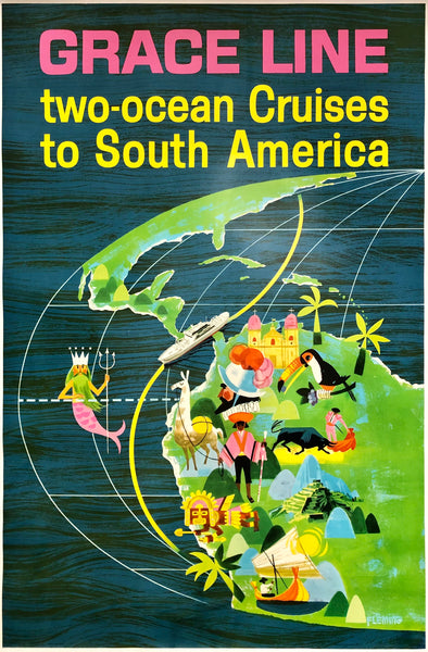 Original vintage Grace Line - Two-Ocean Cruises To South America linen backed travel and tourism cruise ship poster by artist Fleming, circa 1964.