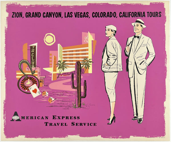 Original vintage American Express Travel Service Zion Grand Canyon Vegas linen backed southwestern America travel and tourism silkscreen poster plakat affiche circa 1957.
