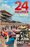 Original vintage 24 Hueres Du Mans Le Mans 1967 linen backed automobile car racing event promotional poster featuring a photo of a Ferrari by Andre Delourmel, circa 1967.
