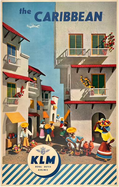 Original vintage The Caribbean KLM Royal Dutch Airlines airline travel and tourism poster featuring claymation characters, circa 1960s.