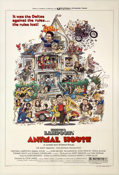 Original vintage National Lampoon's Animal House linen backed Style B one sheet movie poster featuring images of Belushi and the Delta House, circa 1978.