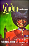 Original vintage London - Trans World Airlines TWA linen backed aviation travel and tourism poster featuring an illustration of Big Ben and a Beefeater guard possibly by artist David Klein, circa 1950s.