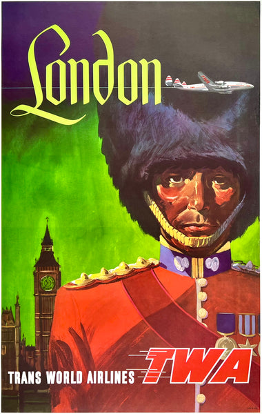 Original vintage London - Trans World Airlines TWA linen backed aviation travel and tourism poster featuring an illustration of Big Ben and a Beefeater guard possibly by artist David Klein, circa 1950s.