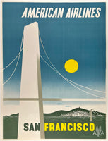 Original vintage American Airlines - San Francisco linen backed airline travel and tourism mid-century modern modernism poster featuring the Golden Gate Bridge by E. McKnight Kauffer circa 1948.