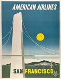 Original vintage American Airlines - San Francisco linen backed airline travel and tourism mid-century modern modernism poster featuring the Golden Gate Bridge by E. McKnight Kauffer circa 1948.