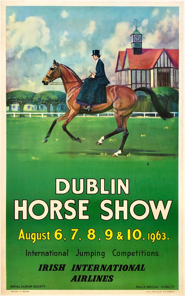 Original vintage Dublin Horse Show - Irish International Airlines - Aer Lingus linen backed airline travel and tourism poster by artist VS, and printed circa 1963.