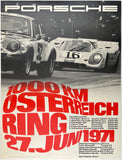 Original vintage Porsche - 1000 KM Osterreich Ring 1971 linen backed victory showroom auto racing poster featuring the winning car, a Porsche Gulf 917, by artist Erich Strenger, circa 1971.