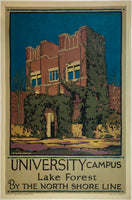 Original vintage University Campus - Lake Forest By The North Shore Line linen backed Chicago midwestern America railway travel and tourism poster by artist Arthur A. Johnson, circa 1924.