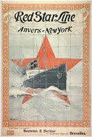 Original vintage Red Star Line Anvers New York Antwerp linen backed Belgian cruise ship travel and tourism poster featuring the Zeeland by artist Henri Cassiers, circa 1901.