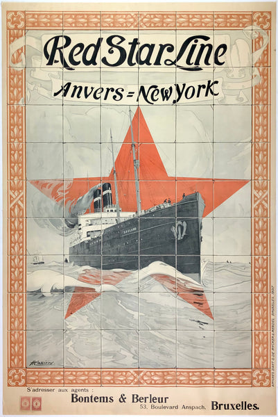 Original vintage Red Star Line Anvers New York Antwerp linen backed Belgian cruise ship travel and tourism poster featuring the Zeeland by artist Henri Cassiers, circa 1901.