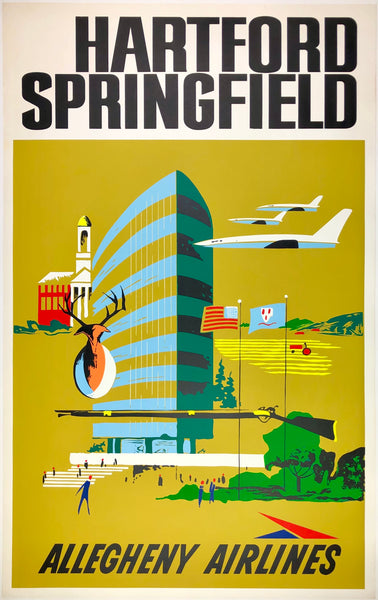 Original vintage Hartford - Springfield - Allegheny Airlines linen backed silkscreen airline aviation travel and tourism poster, circa 1960s.