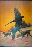 Original vintage Remington UMC hunting poster with original top and bottom metal strips, featuring a hunter and his dogs by artist J. Eads Collins.