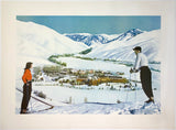 Original vintage Sun Valley, Idaho Union Pacific Railroad linen backed travel and tourism authentic ski poster circa 1940.