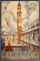 Original Vintage Vicenza Italy Italian travel and tourism by artist Tullio Silvestri, mounted to Japan paper, circa 1926.