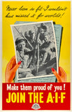 Original vintage Make Them Proud of You! Join The A-I-F linen backed Australia World War II WWII recruiting propaganda poster featuring Australian soldiers circa 1943.