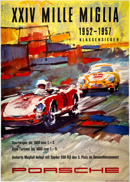 Original vintage Porsche - XXIV Mille Miglia 1957 linen backed victory showroom auto racing poster by artist Erich Strenger, circa 1957.