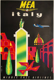 Original vintage Middle East Airlines - Italy linen backed Italian aviation airline travel and tourism poster by French artist Jacques Auriac, circa 1960.