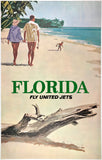 Original vintage Florida - Fly United Jets linen backed UAL United Airlines airline travel and tourism poster, circa 1960s.