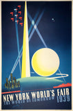 Original vintage New York World's Fair 1939 linen backed travel and tourism poster featuring the Trylon and Perisphere and a ship, the skyline, and train by artist Joseph Binder, circa 1939.