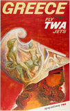 Original vintage Greece - Fly TWA Up Up And Away linen backed aviation travel and tourism poster by artist David Klein, featuring a Grecian warrior and centaur, circa 1960s.
