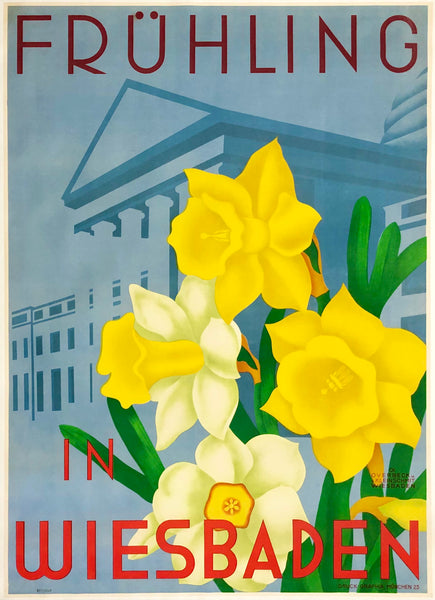 Original vintage Fruhling In Wiesbaden German linen backed tourism poster promoting travel to Wiesbaden in Spring from The Hans Sachs collection, circa 1933.