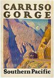 Original vintage Carriso Gorge- Southern Pacific linen backed American railway travel and tourism poster by artist Maurice Logan, circa 1929.