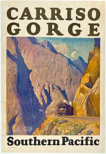 Original vintage Carriso Gorge- Southern Pacific linen backed American railway travel and tourism poster by artist Maurice Logan, circa 1929.