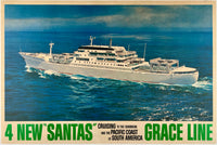 Original vintage 4 New "Santas" - Grace Line linen backed cruise ship poster promoting travel to the Caribbean, South America, and Pacific Coast, circa 1962.