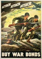 Original vintage Attack Attack Attack Buy War Bonds linen backed American USA World War II propaganda poster by artist Ferdinand Warren, circa 1942.
