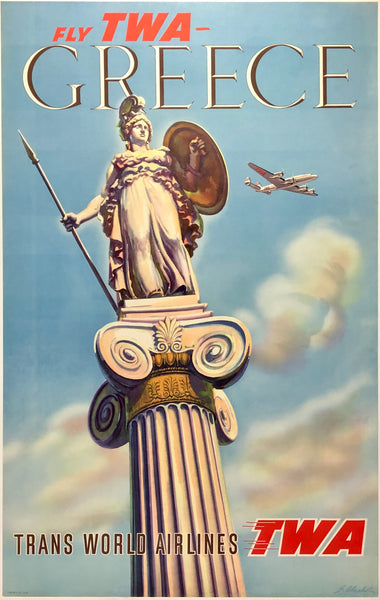 Original vintage Fly TWA - Greece linen backed aviation travel and Greek tourism poster featuring a Connie, circa 1950s.