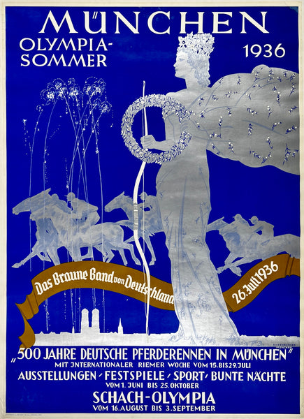 Original vintage Munchen Olympia-Sommer 1936 linen backed poster plakat affiche. This poster was created to honor the horse racing exhibition in Munich following the 1936 Berlin Summer Olympics.