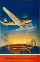 Original Vintage United Air Lines - The Main Line Fairway - Only United's Mainliners Link The East With Everywhere West linen backed UAL airline travel and tourism poster, circa 1939. The image features a DC-3 soaring above Yellowstone, Boulder Dam, and the Grand Canyon.