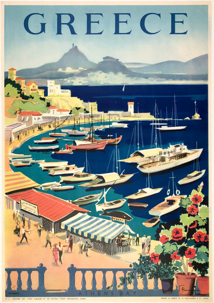 Original vintage Greece - Athens Bay linen backed travel and tourism poster featuring a seaside town in the foreground and Greek ruins in the background circa 1955.