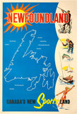 Original vintage Newfoundland - Canada's New Sportsland Canadian linen backed travel and tourism poster, circa 1960s.