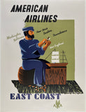 Original vintage American Airlines East Coast linen backed French travel and tourism poster featuring the destinations of New England, New York, Boston, Washington, Baltime, and Providence by artist E. McKnight Kauffer, circa 1948.