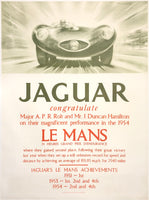 Original vintage Jaguar - Le Mans 1954 - 24 Heures Grand Prix Endurance linen backed British factory showroom victory auto racing poster honoring Jaguar's 2nd and 4th place finishes as well as other Le Mans achievements, by artist Roy Nockolds, circa 1954.
