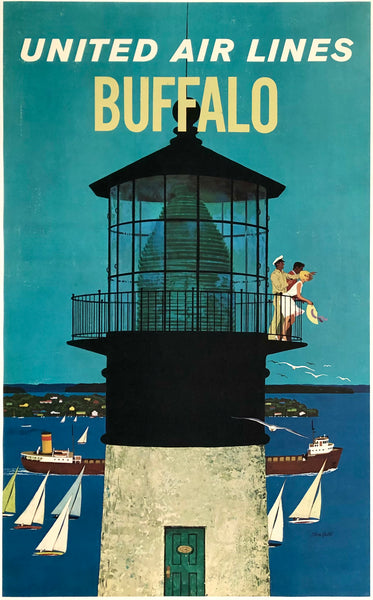 Original vintage United Air Lines - Buffalo linen backed UAL airline travel and tourism poster by artist Stan Galli, circa 1950s.