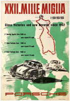 Original vintage Porsche - XXII. Mille Miglia 1955 - Class Victories and New Records Since 1952 linen backed victory factory showroom auto racing poster plakat affiche by artist Erich Strenger, circa 1955.