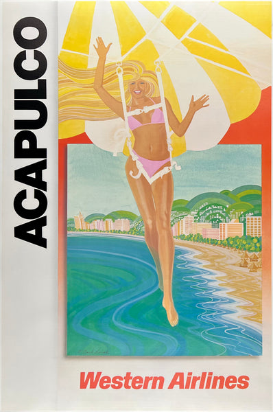 Original vintage Acapulco Western Airlines linen backed Mexico airline travel and tourism poster circa 1980.