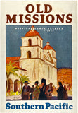 Original vintage Old Missions - Southern Pacific Lines Santa Barbara linen backed American railway travel and tourism poster by artist Maurice Logan, circa 1930.