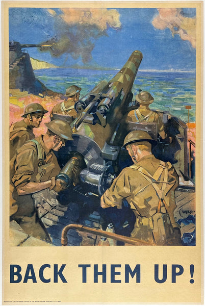 Original vintage Back Them Up! linen backed British World War II WWII propaganda poster featuring a firing attacking British coastal artillery battery, circa 1940s.