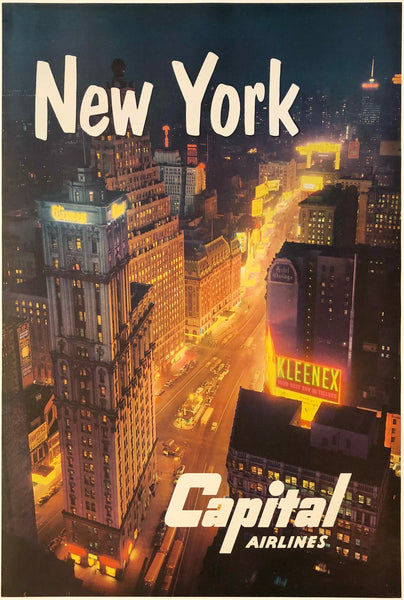 Original vintage New York - Capital Airlines linen backed mid-century modern aviation airline travel and NYC tourism poster featuring an aerial photo of Times Square, circa 1950s.