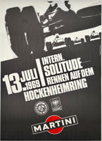 Original vintage International Solitude Rennen Hockenheimring linen backed German automobile event poster plakat affiche featuring the silhouette of a Porsche by artist Erich Strenger, circa 1969.