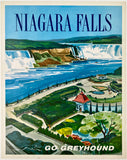 Original vintage Niagara Falls - Go Greyhound linen backed Canadian bus travel and Canada tourism poster plakat affiche circa 1960s.