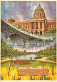 Original vintage Visit Pennsylvania - State Capitol - Harrisburg linen backed mid century American travel and tourism poster by artist Bart Sloane, circa 1950s.