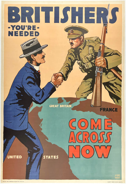 Original vintage Britishers You're Needed World War I WWI linen backed British recruiting propaganda poster plakat affiche circa 1917.