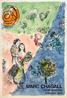 Original vintage Marc Chagall - Four Seasons - Chicago 1974 linen backed poster by artist Chagall, circa 1974. This poster was illustrated by Chagall to commemorate the unveiling of his mosaic structure located in Chicago, Illinois.