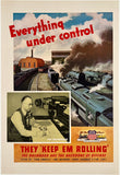 Original vintage Union Pacific - The Dispatcher linen backed railway World War II propaganda railroad poster circa 1944.