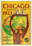 Original vintage Chicago World's Fair Century of Progress linen backed travel and tourism poster depicting an allegorical image of the Santa Fe Railroad serving up Chicago on a silver tray by artist Villa circa 1933.